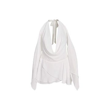 MQTIME  -  Summer Womens Sexy Solid Color Tie Up Hanging V-Neck Cold Shoulder Flare Long Sleeve Backless Short Mini Ruffle Dress